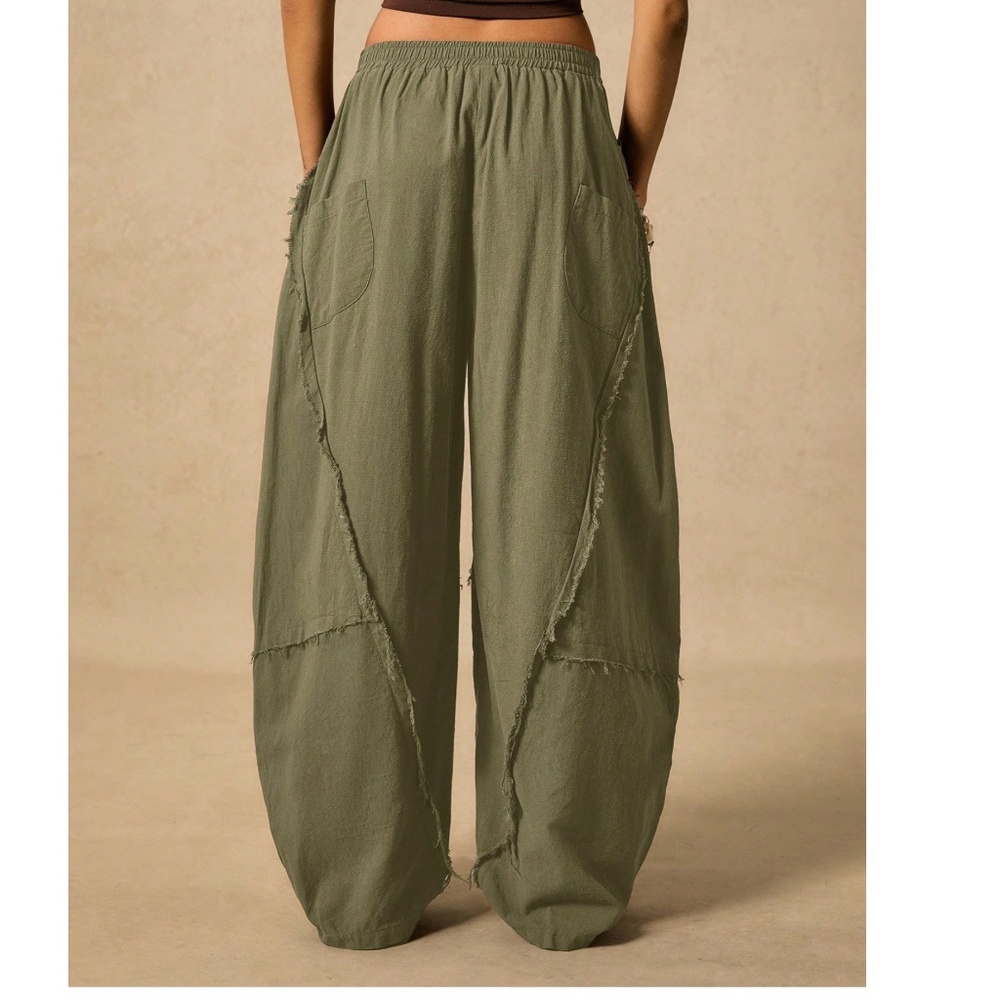 Boho Rust Brown Solid Stretchy waist Pockets Frayed Detail Harem Pants - Picture 4 of 10